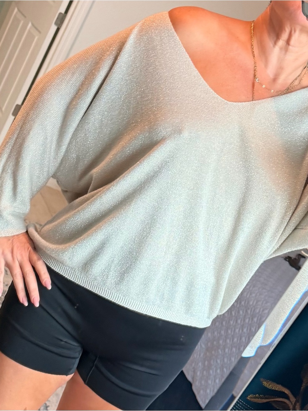 Shimmery Light Green V-Neck Dolman Sweater